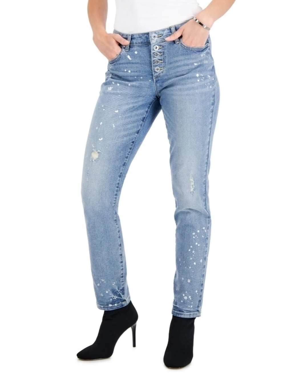 INC International Concepts Light Blue Paint-Splatter High-Rise Jeans
